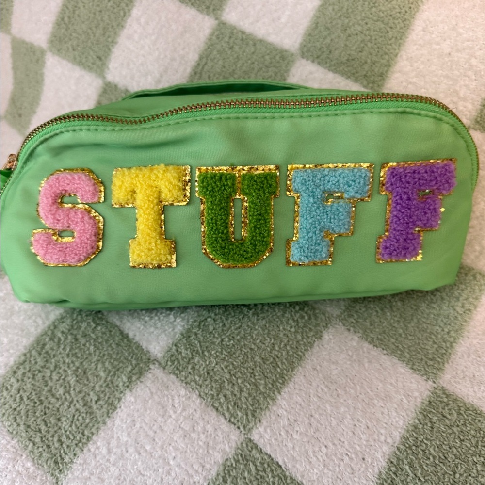 Green Pouch with Colorful 'STUFF' Embroidery